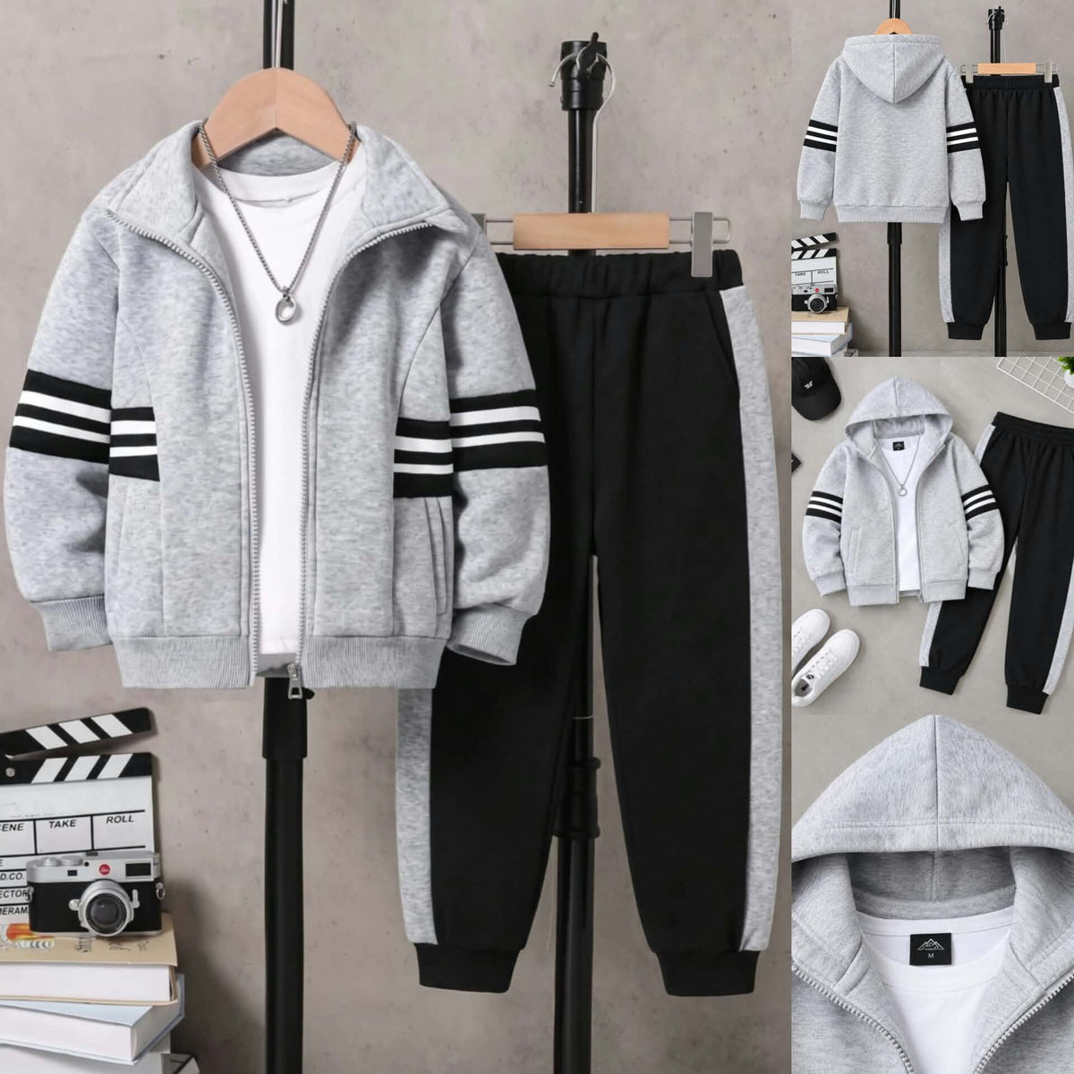 Grey & Black Winter Tracksuit – Zip-Up Jacket & Trouser Set