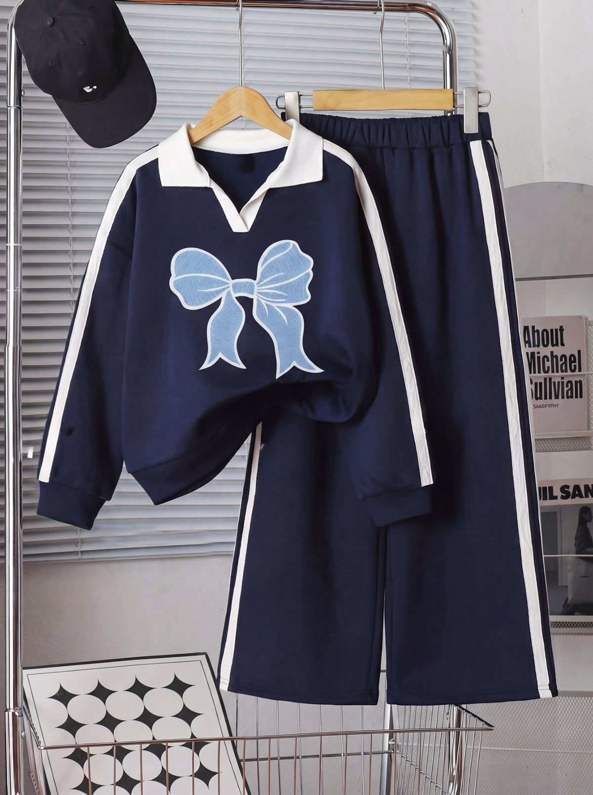 Girls Navy Blue Bow Print Co-Ord Set