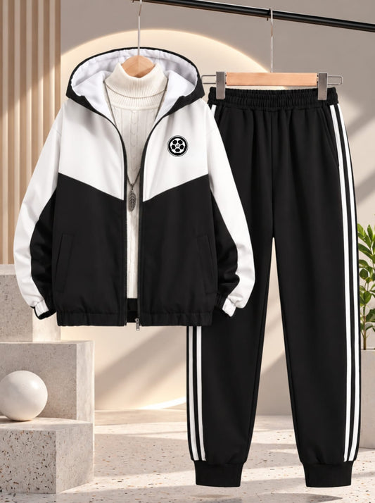 Black & White Winter Tracksuit – Hooded Jacket & Trouser Set